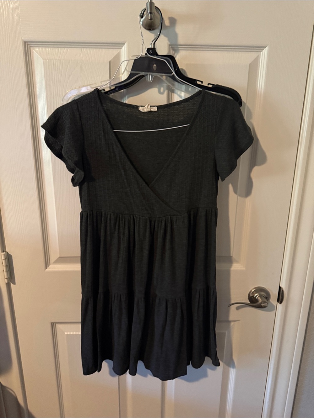 See You Monday Dark Gray Tiered V-Neck Mini Dress